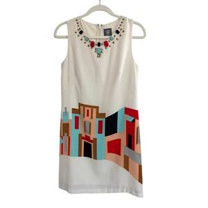 Vince Camuto Cream Villa Print Beaded Shift Mini Dress Southwest Travel Size 4